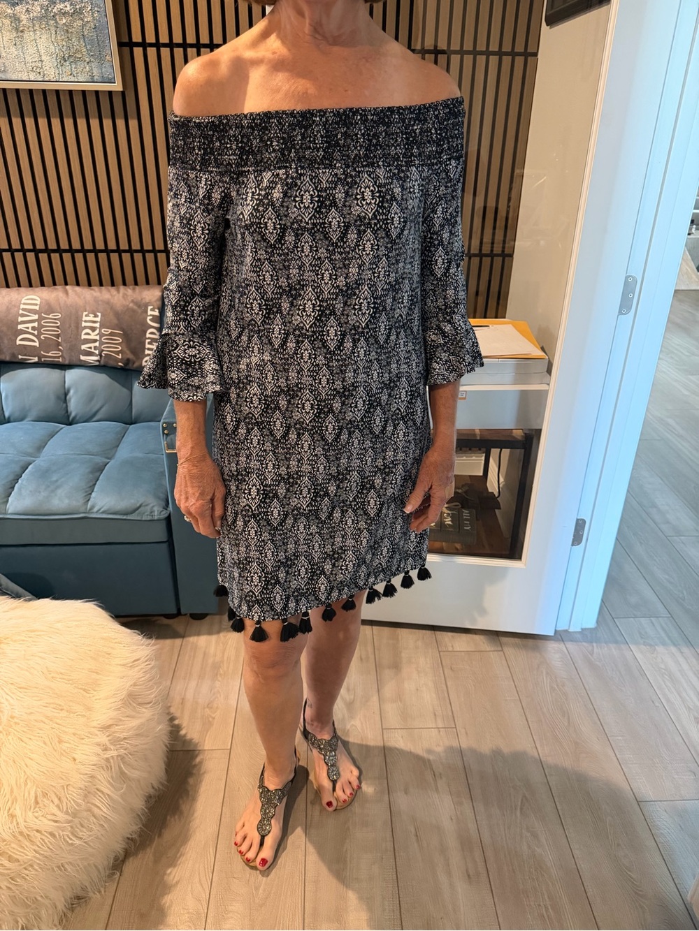 Cabana Life Navy and White Off-Shoulder Tassel-Hem Mini Dress